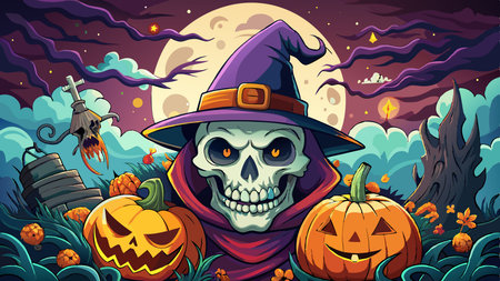 Scary spooky halloween season, monster skull and crossbones halloween witch with pumpkin, halloween and October background. AI generated. Vector iconのイラスト素材