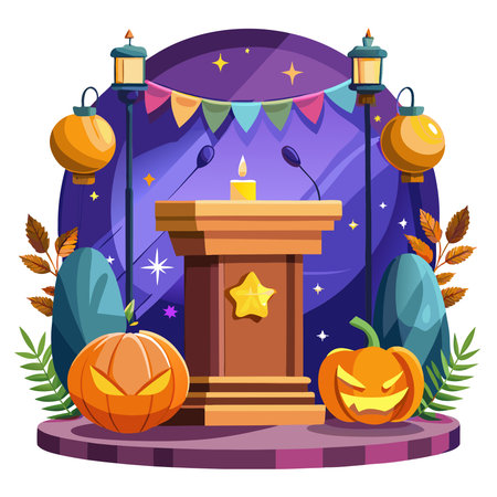 Scene with podium for mock up presentation in Halloween style with pumpkins. AI generated. Vector iconのイラスト素材