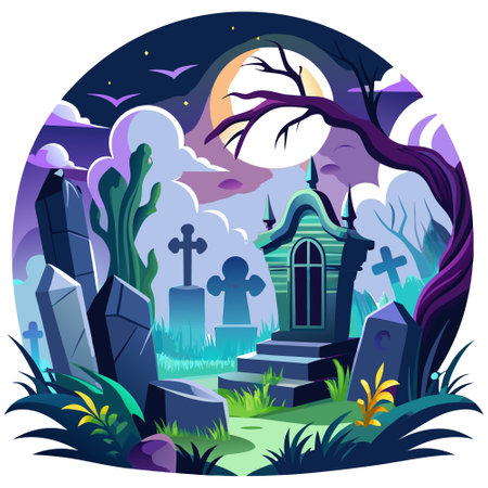 Spooky graveyard with several tombstones and a crypt covered with moss and vines, meanwhile mystical glowing fog fills the air, in the full moon. AI generated. Vector iconのイラスト素材