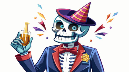 Skeleton with a glass of champagne in his hand celebrating a party, skeleton costume, bow tie and party hat, isolated or white background. AI generated. Vector iconのイラスト素材