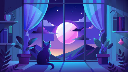 Serene nighttime scene with a cat sitting on a windowsill, gazing at the moon. deep blues and purples for the sky and add delicate stars to create a dreamy atmosphere. AI generated. Vector iconのイラスト素材