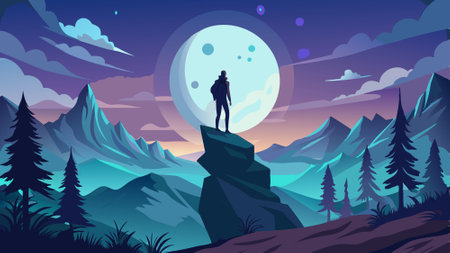 Silhouette person stands on the mountain with full moon. ..AI generated. Vector iconのイラスト素材