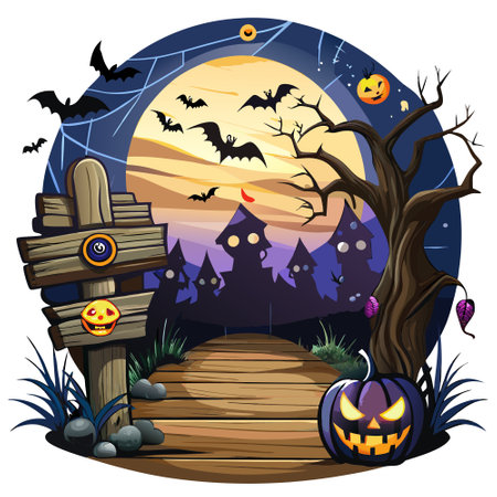 Spooky halloween background with empty wooden planks, dark horror background. Celebration theme, copyspace for text. Ideal for product placement, . AI generated. Vector iconのイラスト素材
