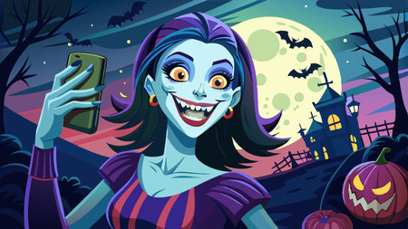 Smiling woman with spooky make-up using mobile phone on a celebration of Halloween, Happy woman in Halloween costume doing selfie using a smart phone, . AI generated. Vector iconのイラスト素材