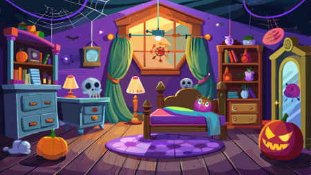 Spooky halloween decorated interior of a bedroom. AI generated. Vector iconのイラスト素材