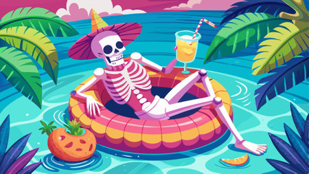 Skeleton relaxing in a swimming pool on a pink inflatable ring, holding a refreshing cocktail for a spooky summer halloween celebration, summerween. AI generated. Vector iconのイラスト素材