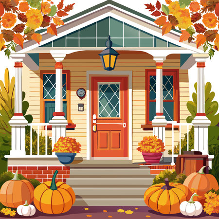 Spirit of gratitude and family gatherings with an image of a front porch elegantly adorned for Thanksgiving.. AI generated. Vector iconのイラスト素材