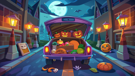 Spooky Halloween Car Trunk. Open Trunk Full of Halloween Items, Illuminated by Spooky Lights on a Haunted Street. Focus Stacking for Eerie Details. AI generated. Vector iconのイラスト素材
