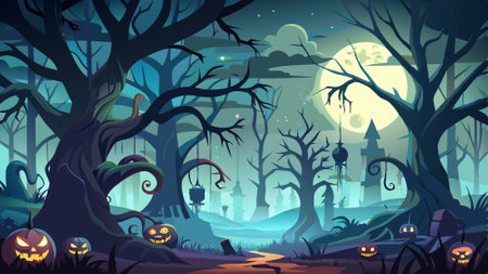 Spooky Halloween background with dark tangled trees and fog. AI generated. Vector iconのイラスト素材