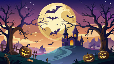 Spooky halloween sky background with bats and full moon background.. AI generated. Vector iconのイラスト素材