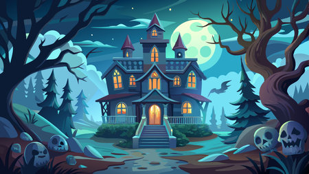 Spooky haunted mansion, complete with eerie architecture, ghostly apparitions, and hidden secrets waiting to be discovered. AI generated. Vector iconのイラスト素材