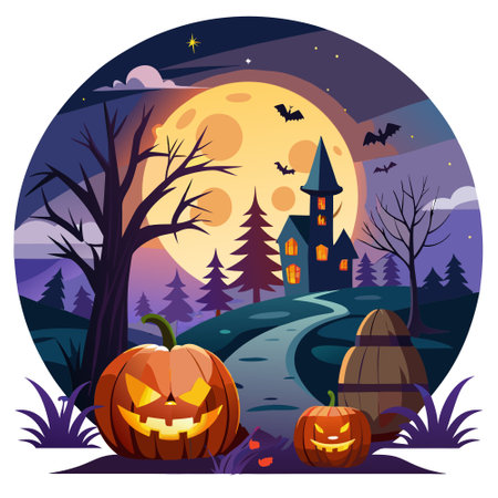 Spooky Halloween pumpkins in the night. Halloween background with jack o lantern in moonlight. Created with . AI generated. Vector iconのイラスト素材