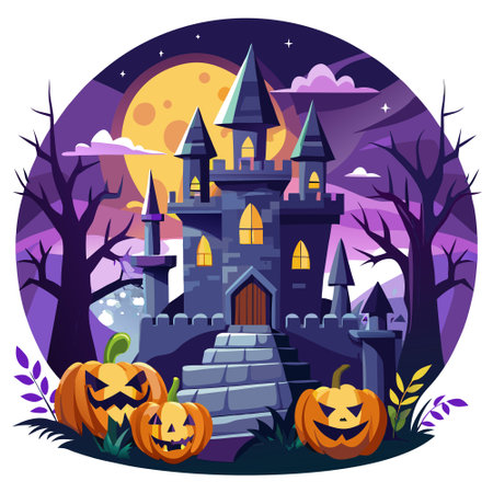 Spuky scary castle with graveyard and pumkins in front as Halloween background. AI generated. Vector iconのイラスト素材
