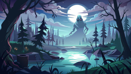 Spooky, moonlit lake surrounded by dense, tangled forests. A ghostly figure emerges from the water, while a foggy mist envelops the scene, adding an ethereal touch. AI generated. Vector iconのイラスト素材