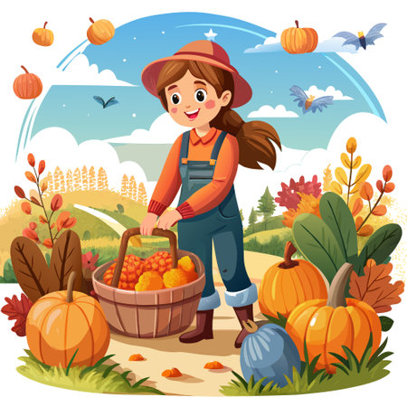 Teen girl helping to harvest pumpkins growing in field on sunny autumn day. Happy young woman picking pumpkins on Halloween.. AI generated. Vector iconのイラスト素材