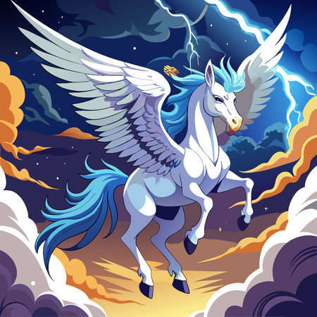 The mythic horse pegasus with white wings flying in the sky among lightnings. AI generated. Vector iconのイラスト素材