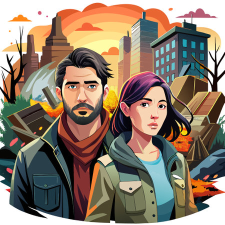 Survivors couple in destroyed city, man and woman at post apocalypse, . AI generated. Vector iconのイラスト素材