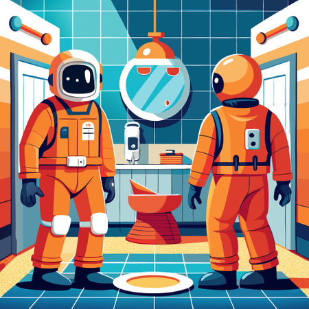 Two astronauts in orange suits in a bathroom.. AI generated. Vector iconのイラスト素材