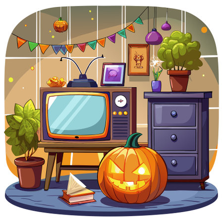 TV set with blank space on screen in a room with jack-o'-lantern pumpkin. Electronics advertising poster mockup for Halloween sales.. AI generated. Vector iconのイラスト素材