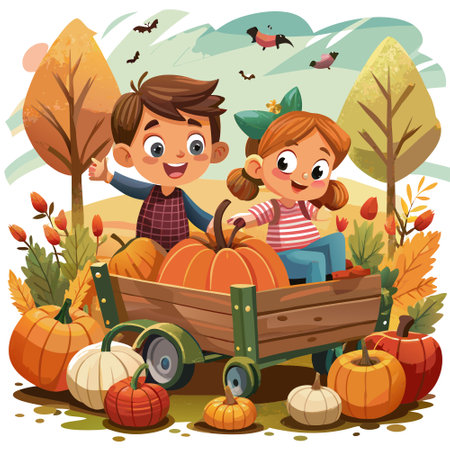Two kids riding in wagon through pumpkin patch, fall autumn season, fun activity, Thanksgiving, Halloween, copyspace. AI generated. Vector iconのイラスト素材