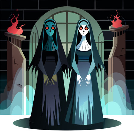 Two ghostly females under black veil standing in the dark room. AI generated. Vector iconのイラスト素材