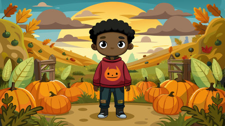 Sweatshirt Mockup of Black Boy in a Pumpkin Patch. AI generated. Vector iconのイラスト素材