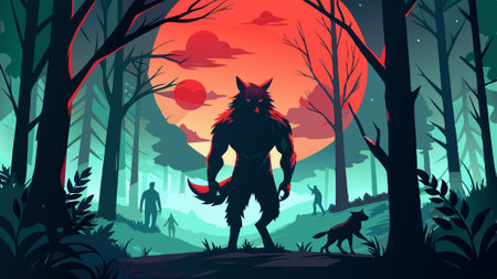 Werewolf dogman silhouette and red full moon in forest created with . AI generated. Vector iconのイラスト素材