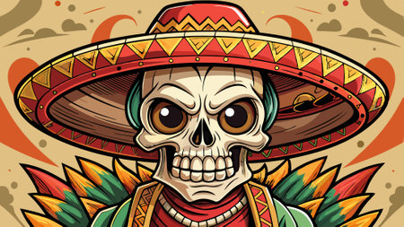 Vintage sketchy skull with Mexican sombrero. Cartoon vector illustration. AI generated. Vector iconのイラスト素材