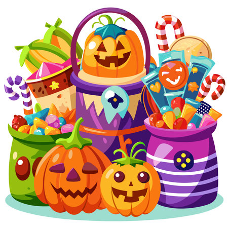 ?olorful trick or treat bags filled with candy for Halloween. AI generated. Vector iconのイラスト素材