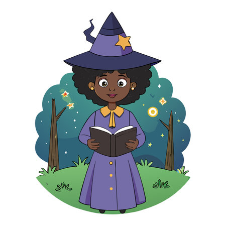 A beautiful mysterious african american witch holding a magic book. AI generated. Vector iconのイラスト素材