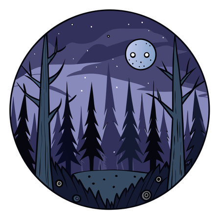 A creepy dark night with a full moon in the forest. AI generated. Vector iconのイラスト素材