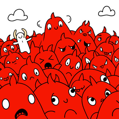 A sea of red filled with demons and angels in pain and anguish. AI generated. Vector iconのイラスト素材