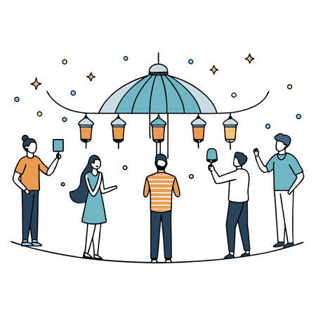 A group of people standing under a bunch of lanterns in the sky at. AI generated. Vector iconのイラスト素材