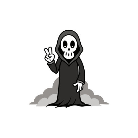A grim reaper holding out his hand V sign in horrible background. AI generated. Vector iconのイラスト素材