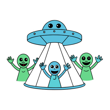 Aliens arrival concept. aliens are smiling and waving greeting on . AI generated. Vector icon