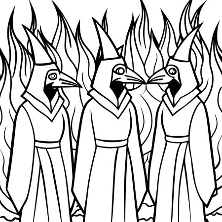 An abstract 3D illustration of robed plague doctors in a fire lit. AI generated. Vector iconのイラスト素材