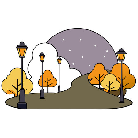 Art landscape with street lights in the night autumn fog. fabulous. AI generated. Vector iconのイラスト素材