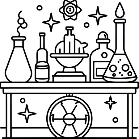 Artwork of an ancient alchemist's work-table. AI generated. Vector iconのイラスト素材