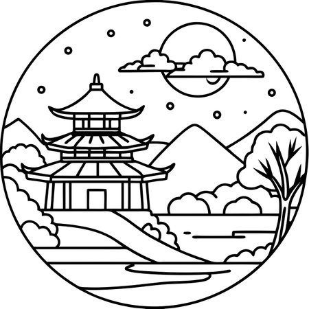 Autumn landscape with a Japanese temple at night with a big full. AI generated. Vector iconのイラスト素材