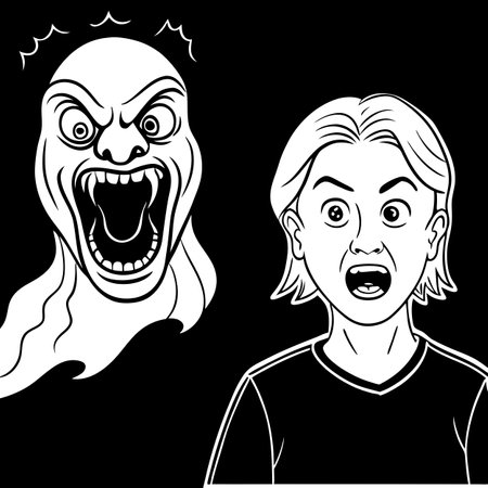 Being chased by a monster shocked face of a person dark background. AI generated. Vector iconのイラスト素材