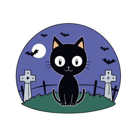 Black cat in the cemetery on Halloween night.. AI generated. Vector iconのイラスト素材