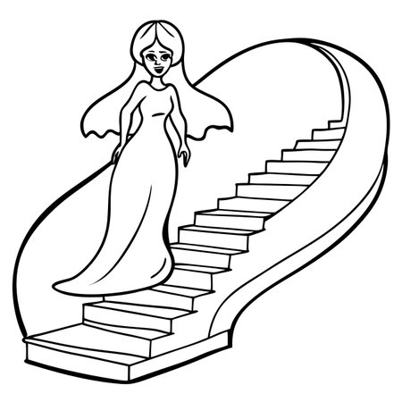 A ghostly female apparition descends a grand curved staircase. AI generated. Vector iconのイラスト素材