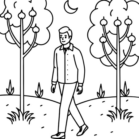 A man walking alone at night. streetlights. dark trees. scary. halloween. . AI generated. Vector iconのイラスト素材