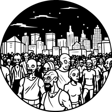 Crowd of undead zombies in post-apocalyptic city at night. Illus. AI generated. Vector iconのイラスト素材