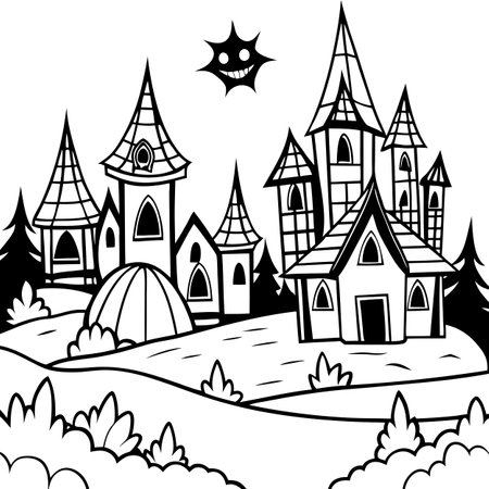 Creepy and spooky fantasy village. concept art . AI generated. Vector iconのイラスト素材