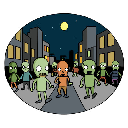 Crowd of undead zombies on street in city at night. illustration. AI generated. Vector iconのイラスト素材