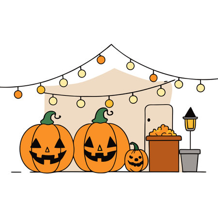 Cozy Halloween Nights. Jack-o-Lanterns and Fairy Lights Set the Magical. AI generated. Vector iconのイラスト素材