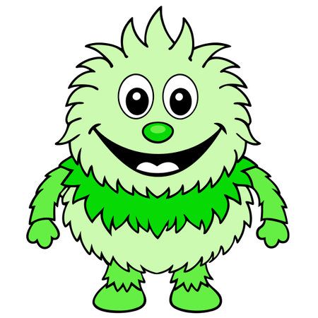 Cute green furry monster 3D cartoon character. AI generated. Vector iconのイラスト素材