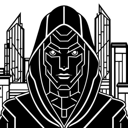 Cyberpunk Dark hooded character in the city. neural network art. AI generated. Vector iconのイラスト素材