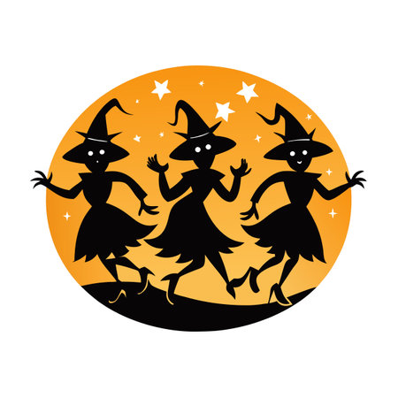 Dancing witches. black silhouette against bright moody background. AI generated. Vector iconのイラスト素材